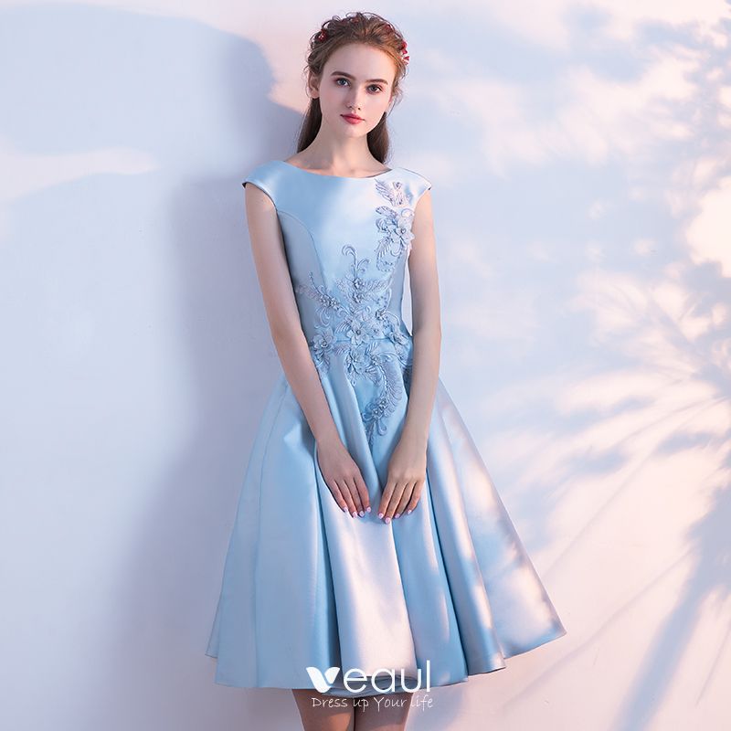 Chic / Beautiful Sky Blue Homecoming Graduation Dresses 2018 A-Line / Princess Embroidered Scoop Neck Backless Sleeveless Chic / Beautiful Sky Blue Homecoming Graduation Dresses 2018 A-Line / Princess Embroidered Scoop Neck Backless Sleeveless