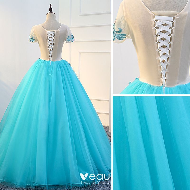 Traditional Jade Green Prom Dresses 2018 Ball Gown Appliques Lace