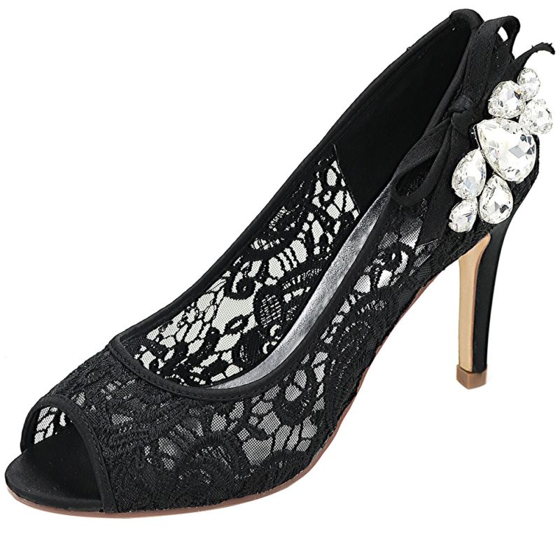 Sexy Black Evening Party See-through Pumps 2020 Lace Rhinestone 9 cm ...