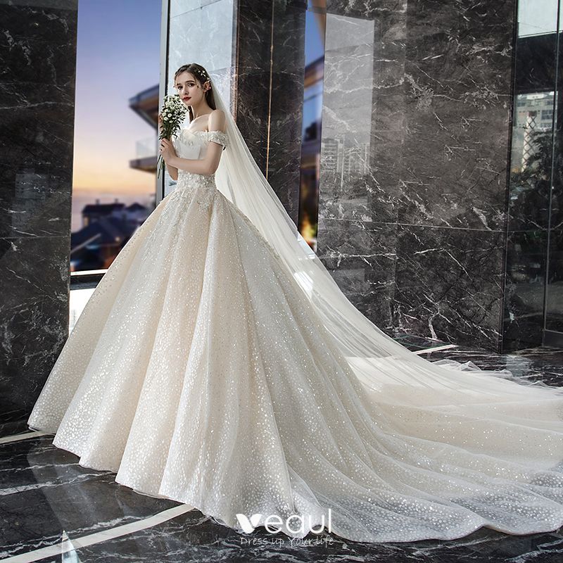 Bling Bling Champagne Wedding Dresses 2019 A-Line / Princess Off-The ...