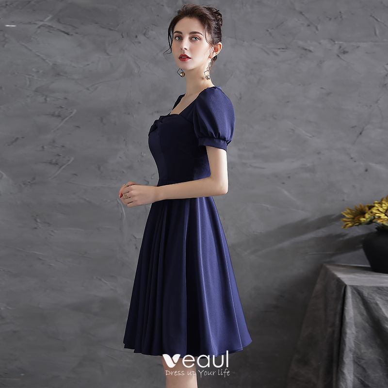 Modest / Simple Navy Blue Satin Homecoming Graduation Dresses 2021 A ...