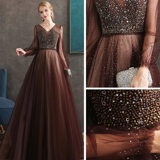 Best Brown Evening Dresses 2020 A-Line / Princess V-Neck Puffy Long ...