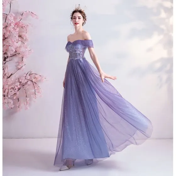 Charming Lavender Prom Dresses 2020 A-Line / Princess Glitter Tulle Off ...