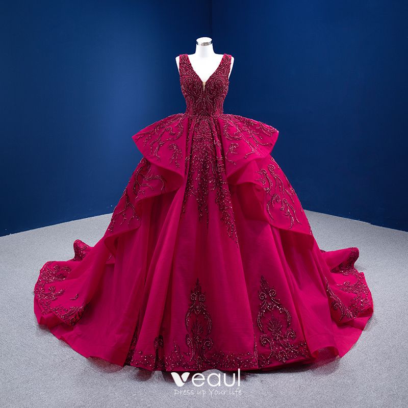 Elegant Burgundy Wedding Dresses 2021 Ball Gown Beading Pearl Sequins V ...