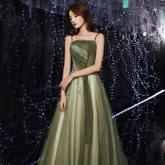 Elegant Green Prom Dresses 2020 A-Line / Princess Spaghetti Straps ...
