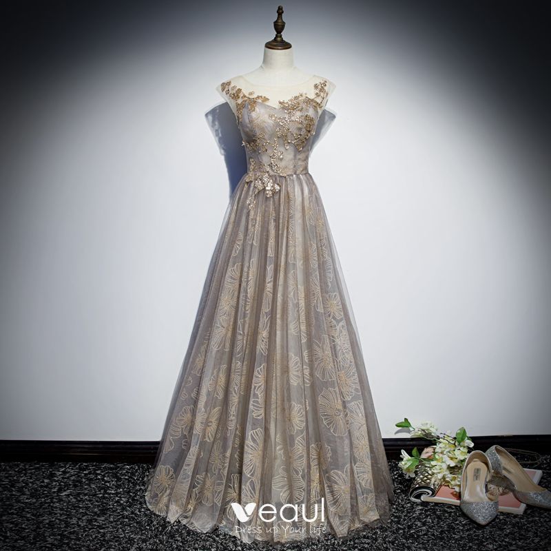 Elegant Grey See-through Evening Dresses 2019 A-Line / Princess Scoop ...
