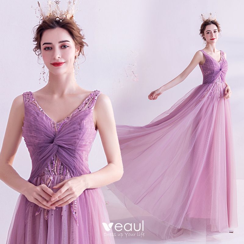 Chic / Beautiful Purple Evening Dresses 2020 A-Line / Princess V-Neck ...