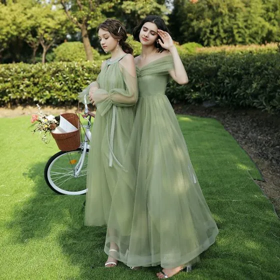 Modest / Simple Sage Green Bridesmaid Dresses 2020 A-Line / Princess ...