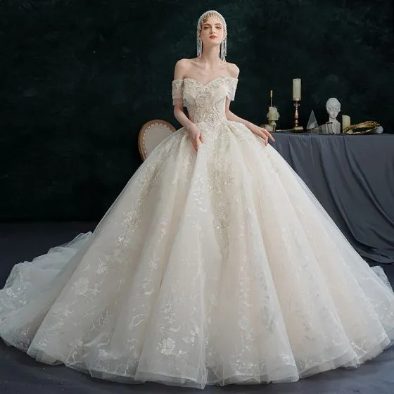 Illusion Champagne Wedding Dresses 2021 Ball Gown Off-The-Shoulder ...