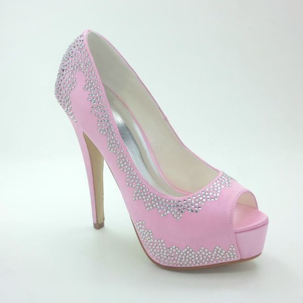 Sparkly Pink Bridal Satin Stilettos Pumps With Rhinestone