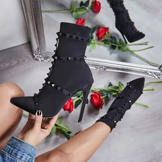Affordable Black Casual Womens Boots 2020 Rivet 11 cm Stiletto Heels ...
