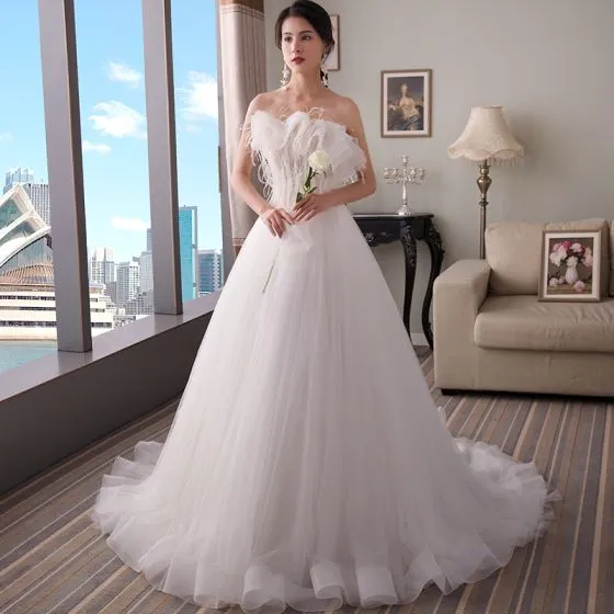 feather train wedding dress