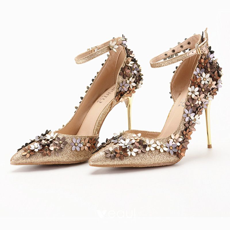 Sparkly Gold Prom Pumps 2018 Gold Flower Sequins Ankle Strap 10 cm ...