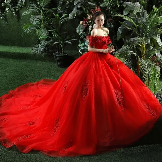 Chic Beautiful Red Wedding Dresses 2018 Ball Gown Appliques Beading Sequins Off The Shoulder 