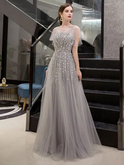 Luxury / Gorgeous Grey See-through Evening Dresses 2019 A-Line ...