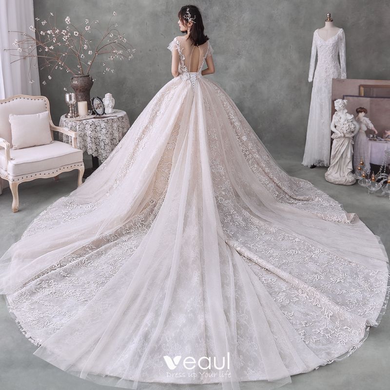 Romantic Champagne Bridal Wedding Dresses 2020 Ball Gown See-through ...