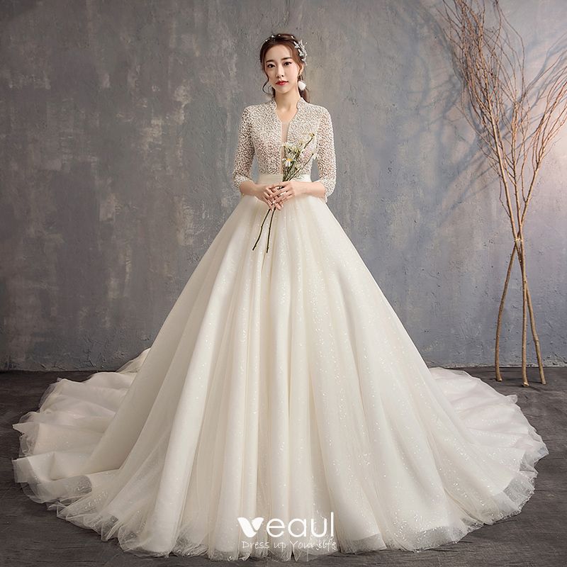 Chinese style Ivory Wedding Dresses 2019 A-Line / Princess V-Neck 3/4 ...