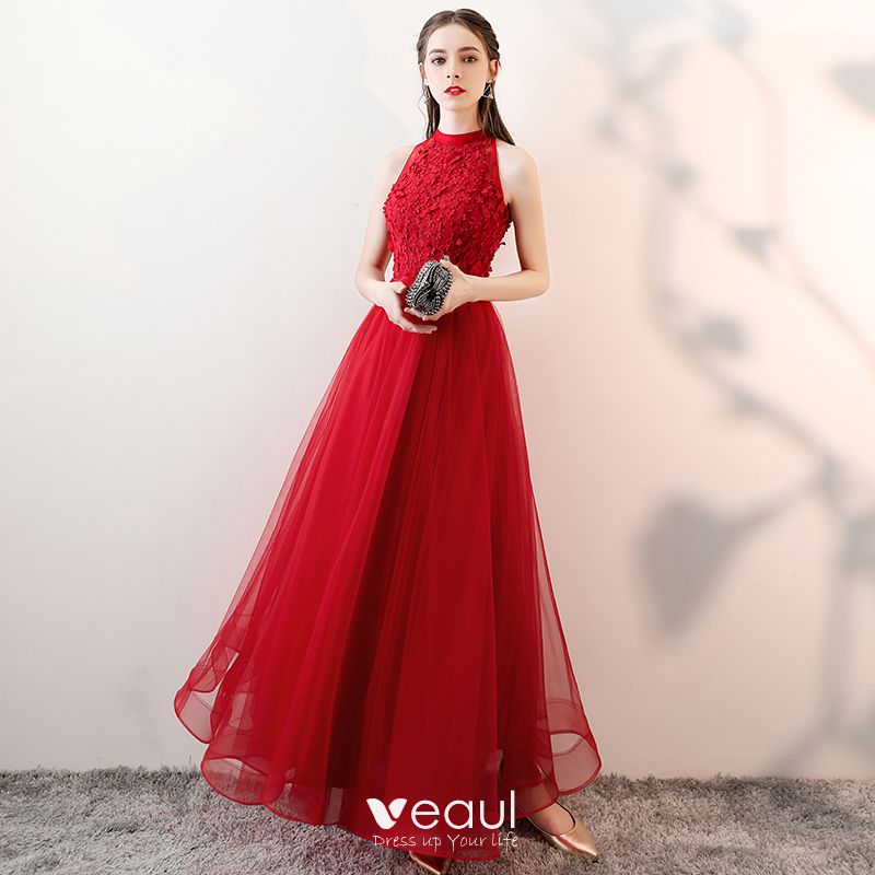 Chic / Beautiful Red Prom Dresses 2018 A-Line / Princess Appliques Lace ...