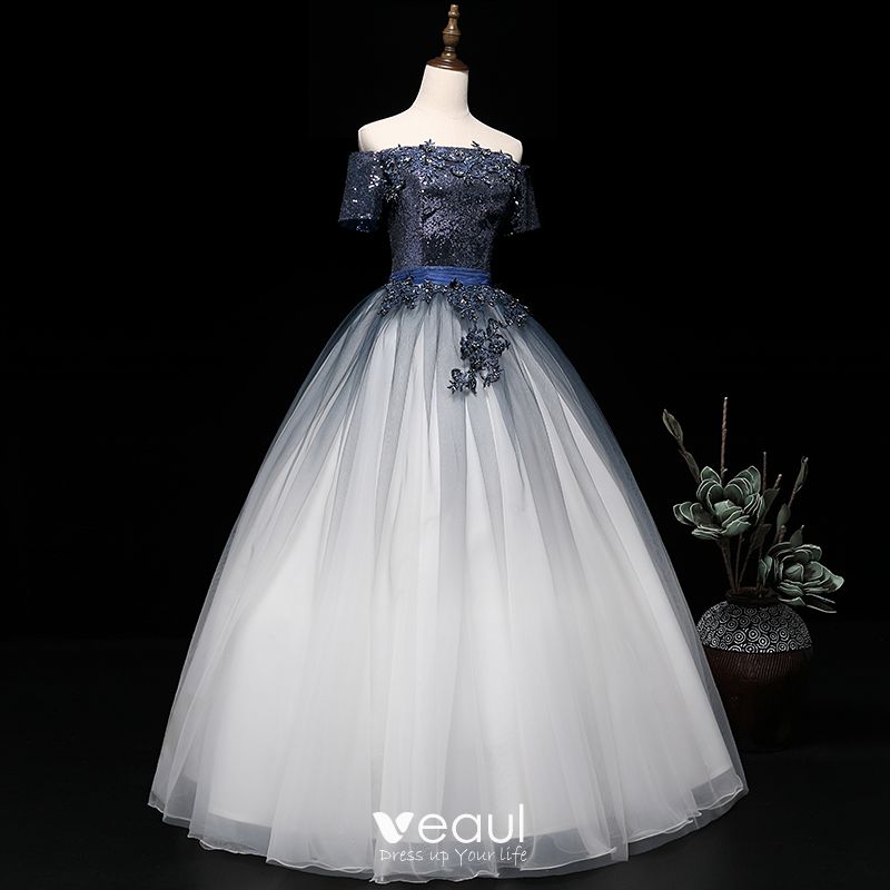 blue and white formal dress