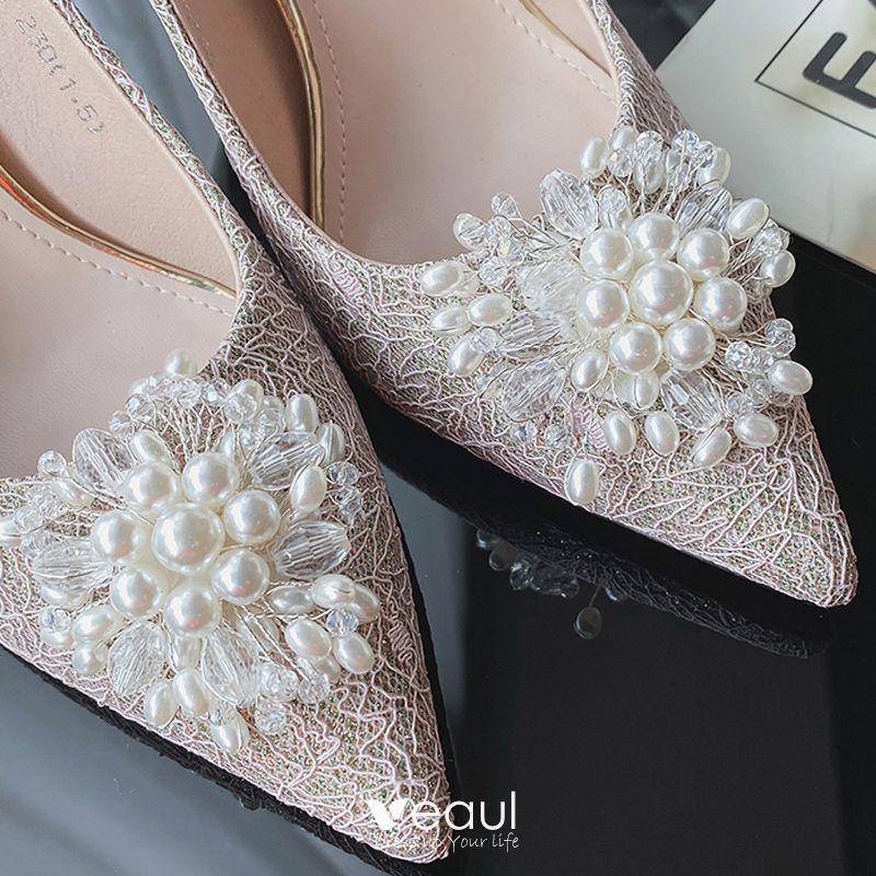 Classic White Lace Wedding Shoes 2020 Pearl 9 cm Stiletto Heels Pointed ...