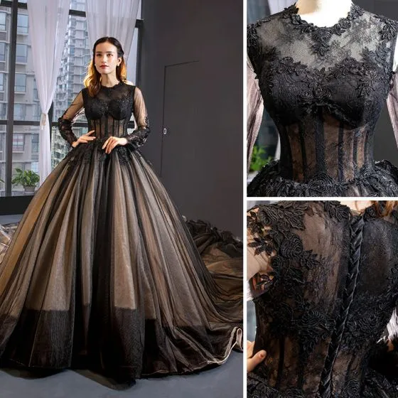 Luxury / Gorgeous Black Prom Dresses 2019 A-Line / Princess Scoop Neck ...