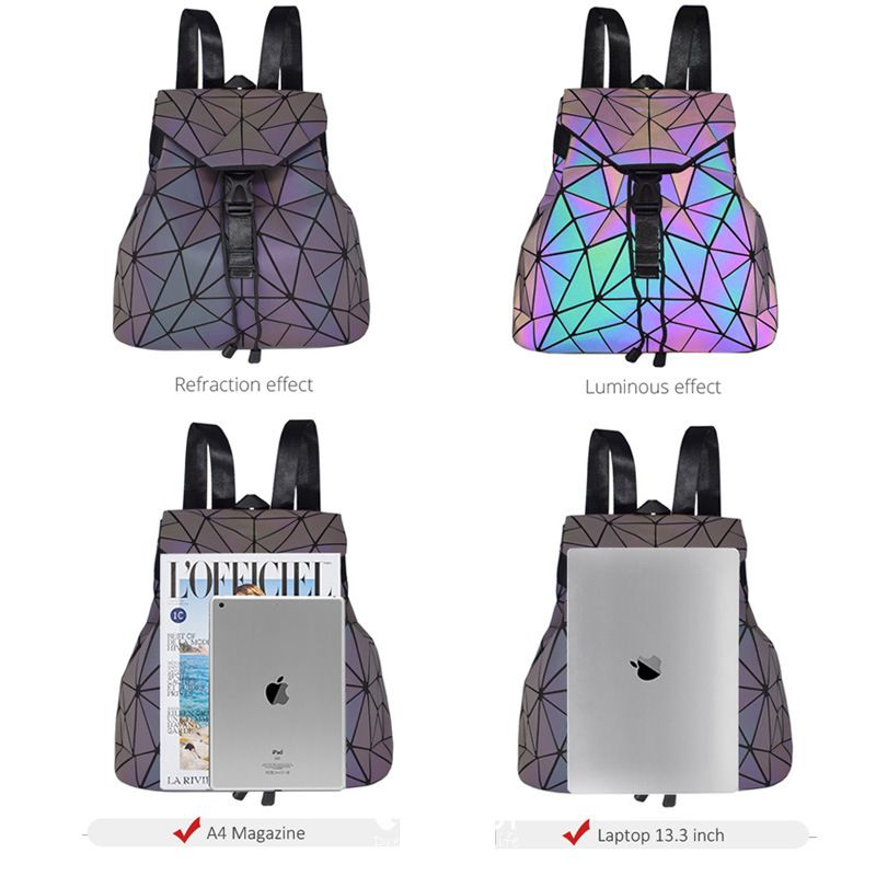 Rainbow Multi-Colors Luminous Geometric Square Backpacks 2021 PU Casual  Reflective Holographic Women's Bags