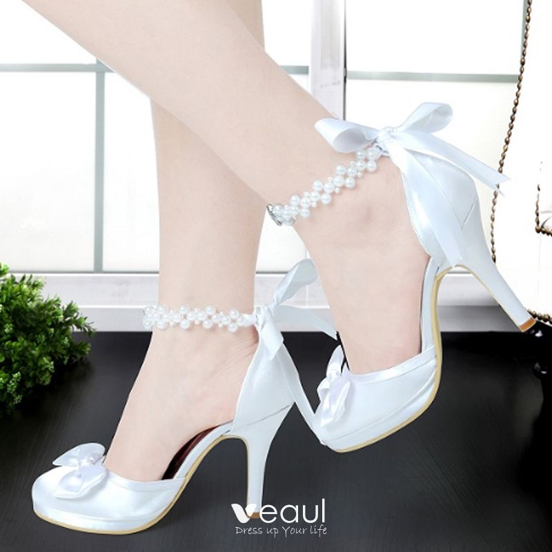Womens Round Toe pearl Wedding High Heel White Party Platform Shoes Spring 2018 