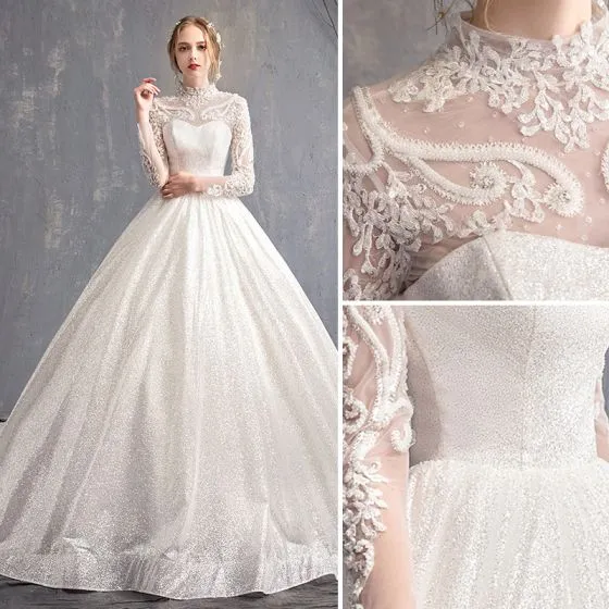 Elegant White Wedding Dresses 2018 A-Line / Princess Appliques Lace ...