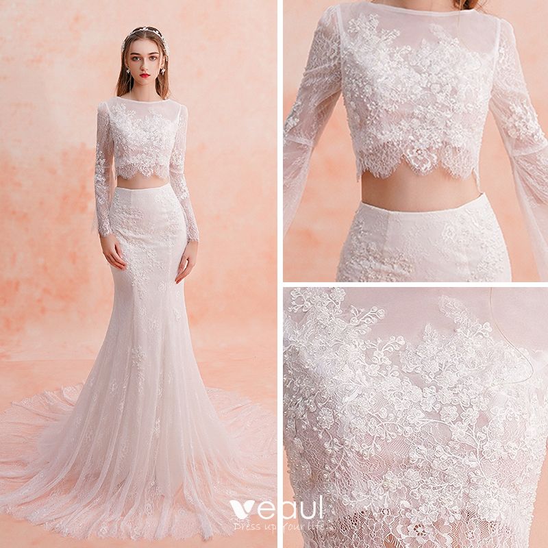 2 Piece Ivory Beach Lace Wedding Dresses 2019 Trumpet Mermaid Square Neckline Long Sleeve Appliques Lace Court Train Ruffle