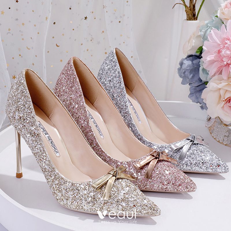 Sparkly Champagne Wedding Shoes 2020 Bow Sequins 10 cm Stiletto Heels ...