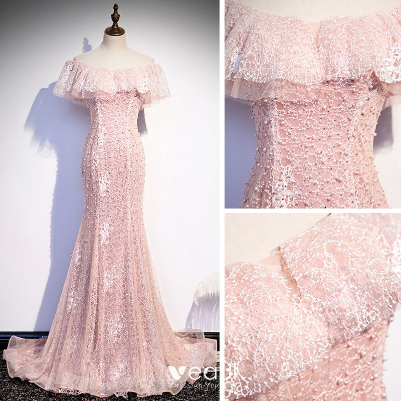 Best Pearl Pink Lace Evening Dresses 2020 Trumpet / Mermaid Off-The ...