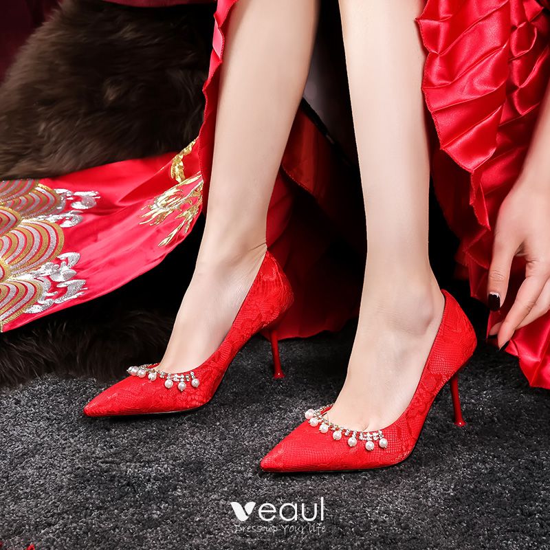 Modern / Fashion Red Wedding Shoes 2020 Lace Rhinestone Pearl 8 cm ...