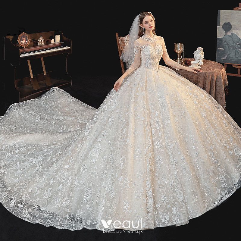 Vintage / Retro Champagne See-through Bridal Wedding Dresses 2020 Ball ...