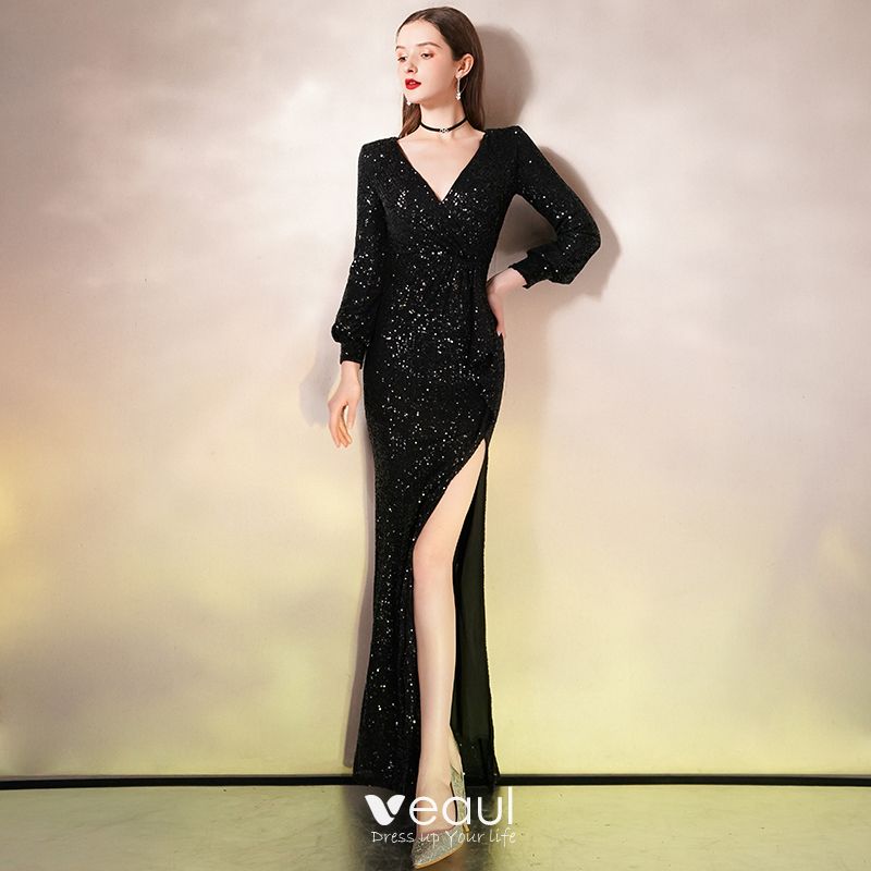 black sequin long sleeve dress with deep v neck