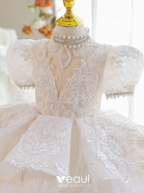 Chic Beautiful White Beading Star Sequins Cascading Ruffles Flower Girl  Dresses 2023