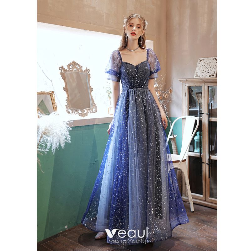 Fashion Ocean Blue Prom Dresses 2021 A-Line / Princess Square Neckline ...