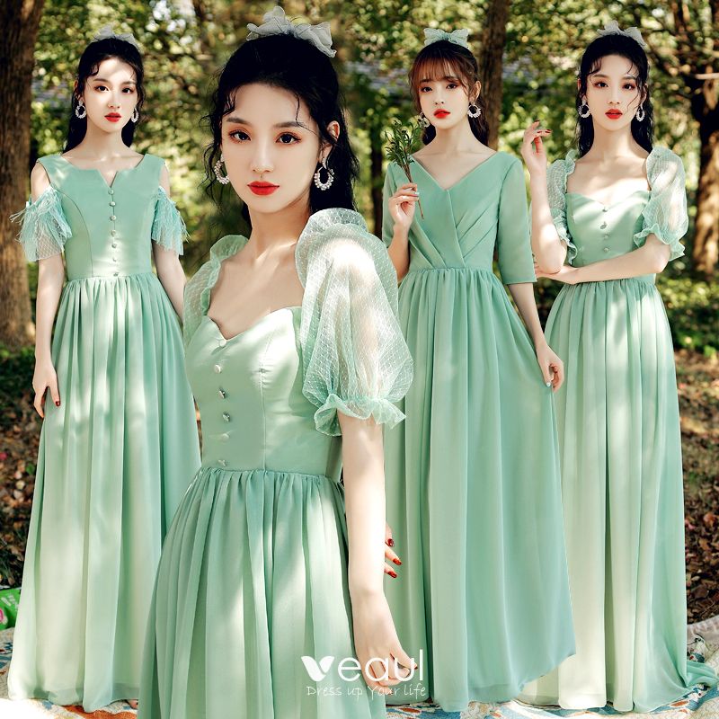 Modest Simple Mint Green Bridesmaid Dresses 21 A Line Princess V Neck Short Sleeve Backless Floor Length Long Wedding Party Dresses