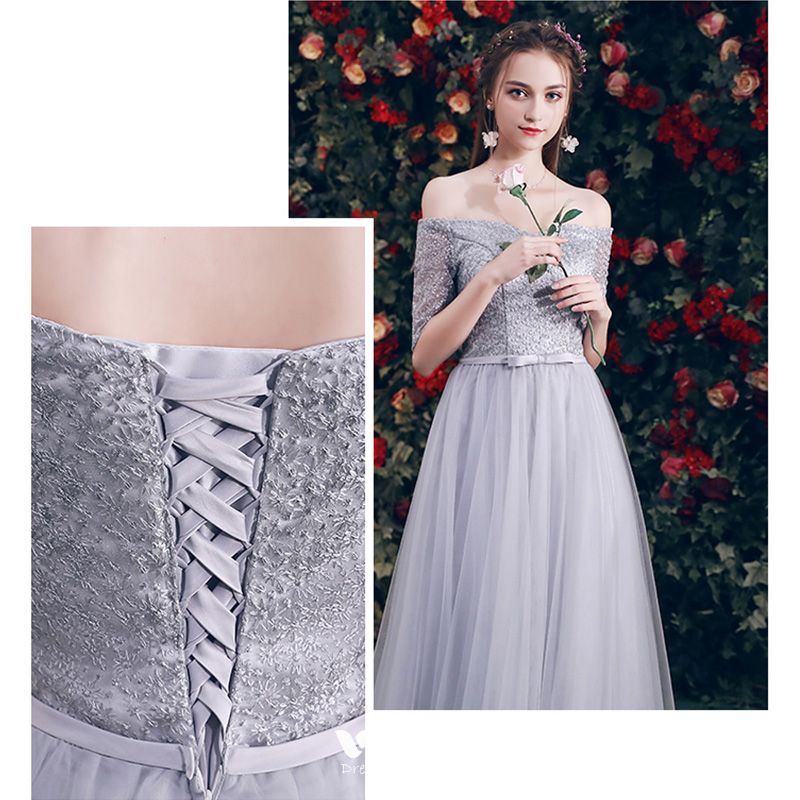 Affordable Grey Bridesmaid Dresses 2019 A-Line / Princess Bow Sash ...