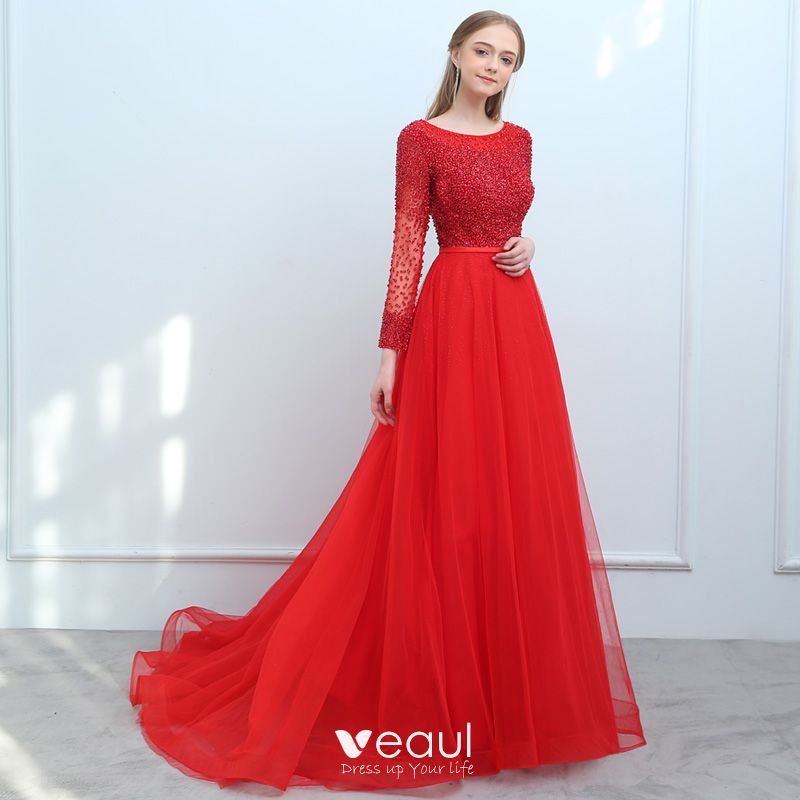 Chic / Beautiful Red Prom Dresses 2018 A-Line / Princess Beading ...