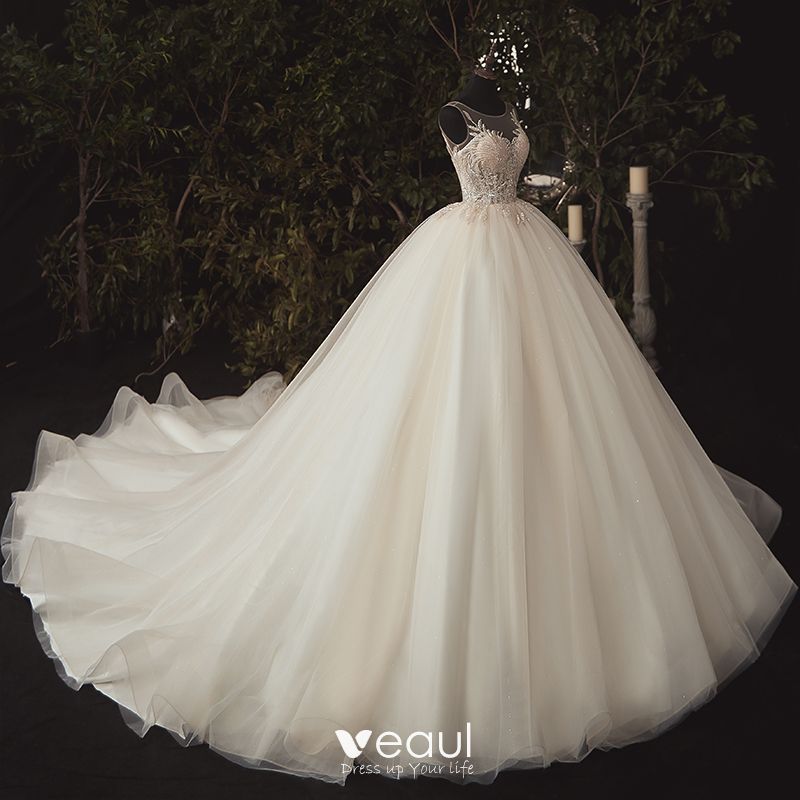 Illusion Ivory Bridal Wedding Dresses 2020 Ball Gown See Through Scoop Neck Sleeveless Backless 6622