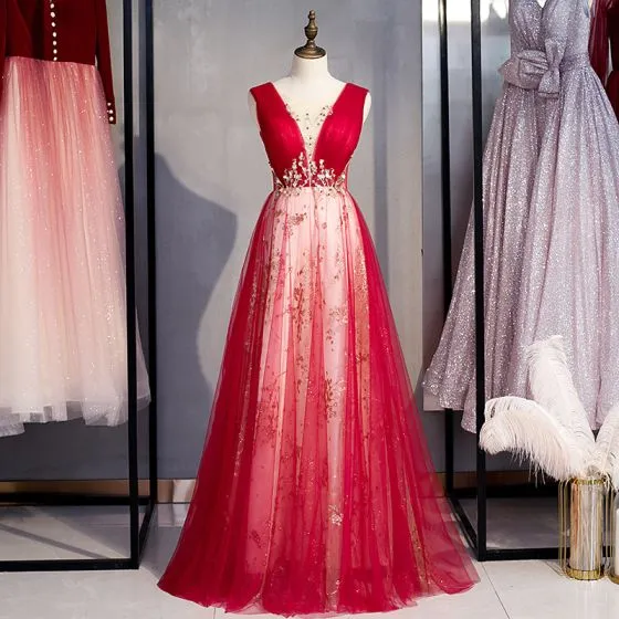 Classy Burgundy Glitter Prom Dresses 2020 A-Line / Princess Scoop Neck ...