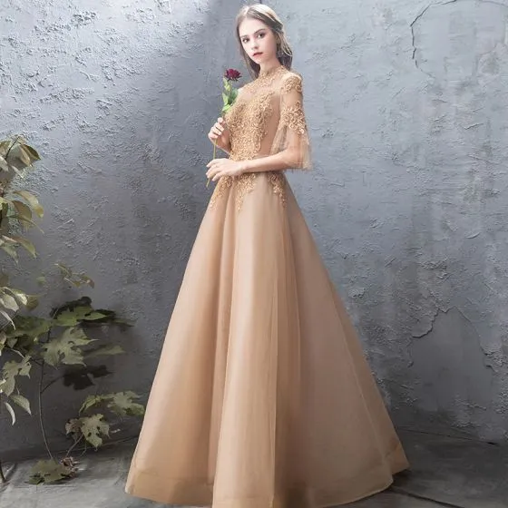 Elegant Gold Evening Dresses 2019 A-Line / Princess Lace Beading ...