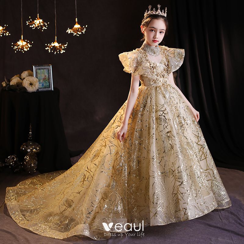 Sparkly Gold Beading Pearl Sequins Lace Flower Birthday Flower Girl ...