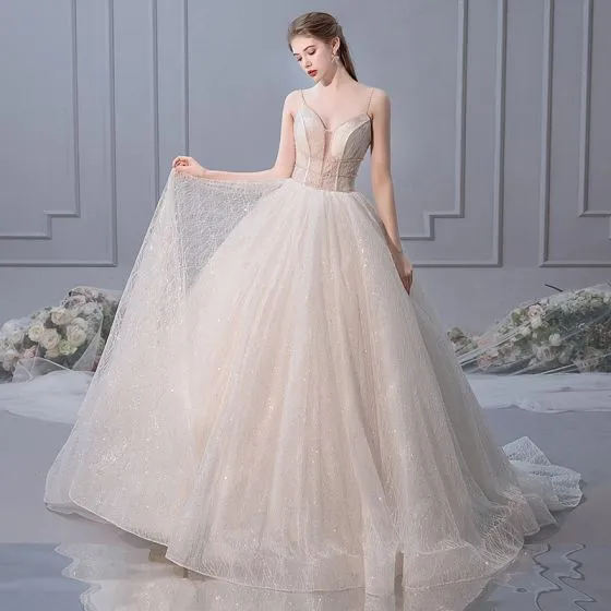 Elegant Champagne Wedding Dresses 2019 Ball Gown Spaghetti Straps ...