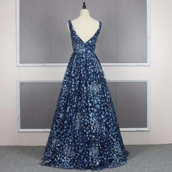 Chic / Beautiful Navy Blue Prom Dresses 2020 A-Line / Princess Deep V ...