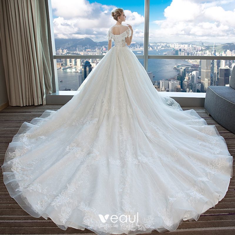 Chic / Beautiful Ivory Wedding Dresses 2018 Ball Gown Lace Beading ...