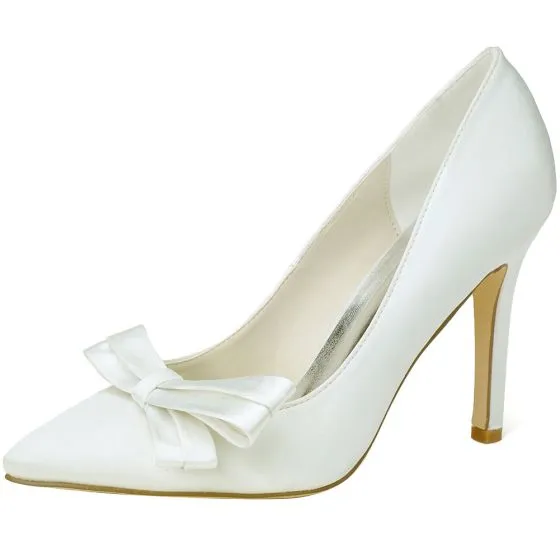 Elegant Ivory Prom Pumps 2020 Satin Bow 9 cm Stiletto Heels Pointed Toe ...
