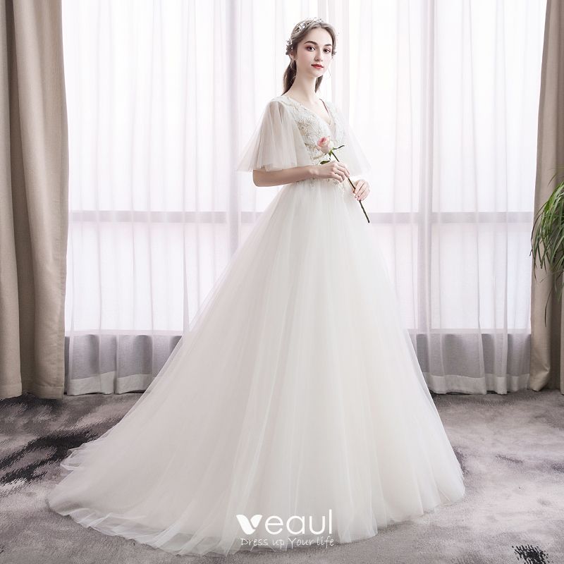 Elegant Ivory Wedding Dresses 2019 A-Line / Princess V-Neck Lace Flower ...