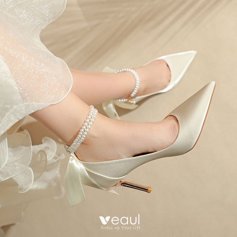 Elegant Ivory Pearl Bow Ankle Strap Wedding Shoes 2023 Satin 8 cm