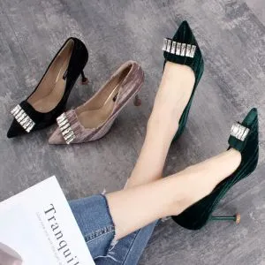 Chic / Beautiful Dark Green Casual Suede Pumps 2019 Rhinestone 8 cm Stiletto Heels Pointed Toe Pumps